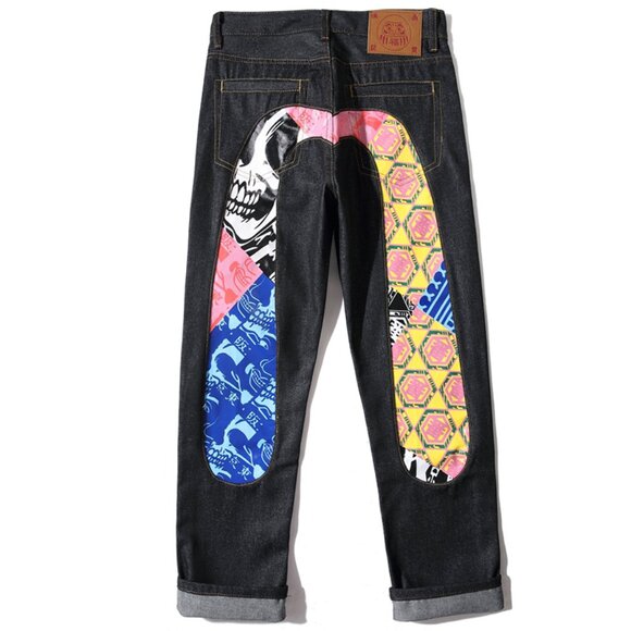 Graffiti Daruma Daicock Print Two Tone Jeans Men's